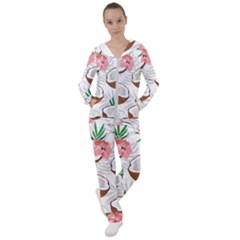 Seamless Pattern Coconut Piece Palm Leaves With Pink Hibiscus Women s Tracksuit by Vaneshart