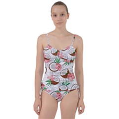 Seamless Pattern Coconut Piece Palm Leaves With Pink Hibiscus Sweetheart Tankini Set by Vaneshart