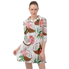 Seamless Pattern Coconut Piece Palm Leaves With Pink Hibiscus Mini Skater Shirt Dress by Vaneshart