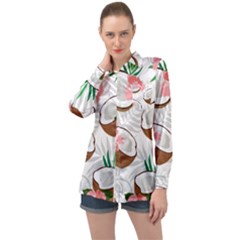 Seamless Pattern Coconut Piece Palm Leaves With Pink Hibiscus Long Sleeve Satin Shirt