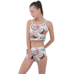 Seamless Pattern Coconut Piece Palm Leaves With Pink Hibiscus Summer Cropped Co-ord Set by Vaneshart