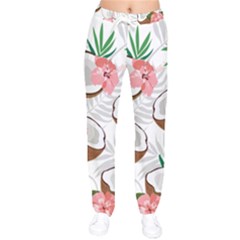 Seamless Pattern Coconut Piece Palm Leaves With Pink Hibiscus Women Velvet Drawstring Pants by Vaneshart