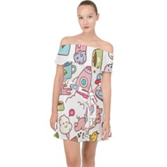 Set Kawaii Doodles Off Shoulder Chiffon Dress by Vaneshart