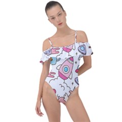 Set Kawaii Doodles Frill Detail One Piece Swimsuit by Vaneshart