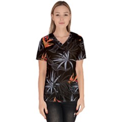 Exotic Flower Leaves Seamless Pattern Women s V-neck Scrub Top by Vaneshart