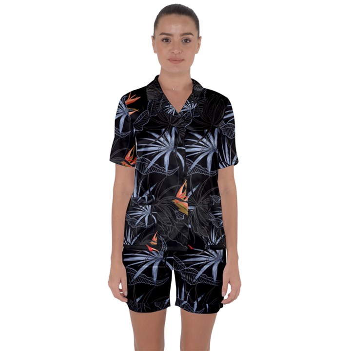 Exotic Flower Leaves Seamless Pattern Satin Short Sleeve Pyjamas Set