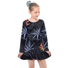 Exotic Flower Leaves Seamless Pattern Kids  Long Sleeve Dress by Vaneshart