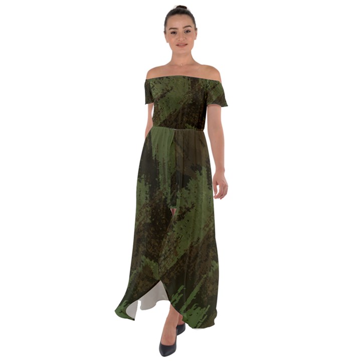 Camouflage Brush Strokes Background Off Shoulder Open Front Chiffon Dress