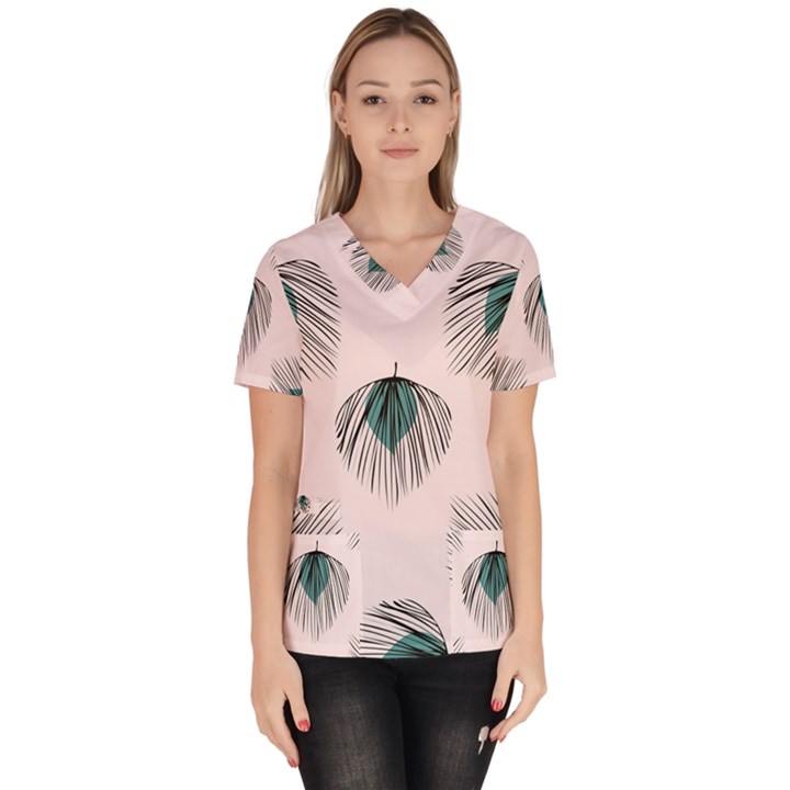 Green Tropical Leaves Seamless Pattern Women s V-Neck Scrub Top