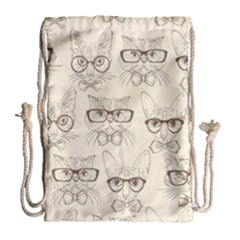 Seamless Pattern Hand Drawn Cats With Hipster Accessories Drawstring Bag (large) by Vaneshart