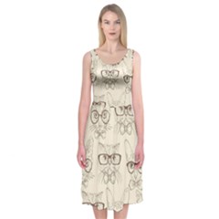 Seamless Pattern Hand Drawn Cats With Hipster Accessories Midi Sleeveless Dress by Vaneshart