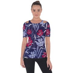 Abstract Seamless Pattern With Colorful Tropical Leaves Flowers Purple Shoulder Cut Out Short Sleeve Top by Vaneshart