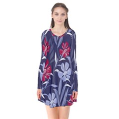 Abstract Seamless Pattern With Colorful Tropical Leaves Flowers Purple Long Sleeve V-neck Flare Dress by Vaneshart