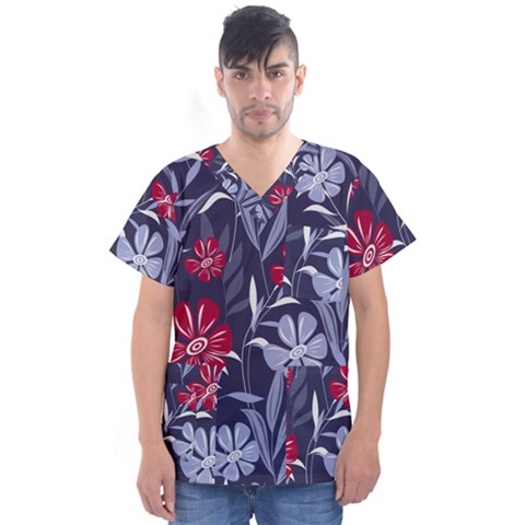 Abstract Seamless Pattern With Colorful Tropical Leaves Flowers Purple Men s V-neck Scrub Top by Vaneshart