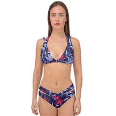 Abstract Seamless Pattern With Colorful Tropical Leaves Flowers Purple Double Strap Halter Bikini Set by Vaneshart