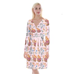 Cat Seamless Pattern Long Sleeve Velvet Front Wrap Dress