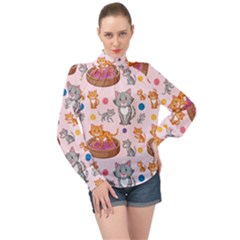 Cat Seamless Pattern High Neck Long Sleeve Chiffon Top by Vaneshart