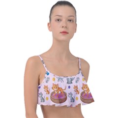 Cat Seamless Pattern Frill Bikini Top