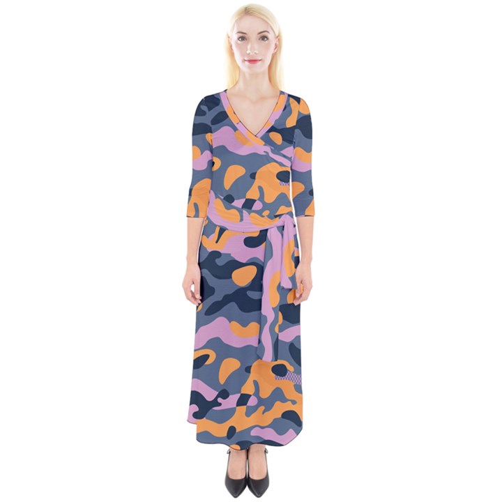 Camouflage Background Textile Uniform Seamless Pattern Quarter Sleeve Wrap Maxi Dress