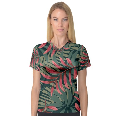 Trending Abstract Seamless Pattern With Colorful Tropical Leaves Plants Green V-neck Sport Mesh Tee by Vaneshart