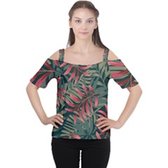 Trending Abstract Seamless Pattern With Colorful Tropical Leaves Plants Green Cutout Shoulder Tee