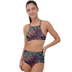 Trending Abstract Seamless Pattern With Colorful Tropical Leaves Plants Green High Waist Tankini Set