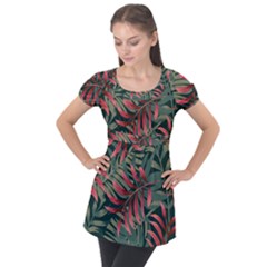 Trending Abstract Seamless Pattern With Colorful Tropical Leaves Plants Green Puff Sleeve Tunic Top by Vaneshart