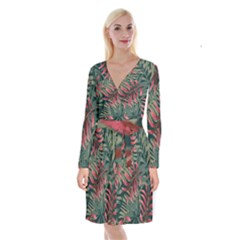 Trending Abstract Seamless Pattern With Colorful Tropical Leaves Plants Green Long Sleeve Velvet Front Wrap Dress