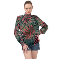 Trending Abstract Seamless Pattern With Colorful Tropical Leaves Plants Green High Neck Long Sleeve Chiffon Top