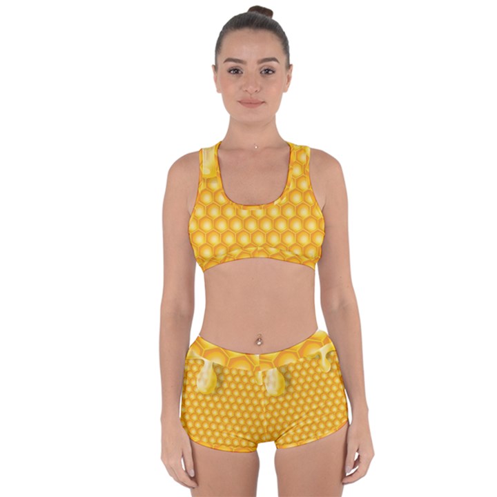 Abstract Honeycomb Background With Realistic Transparent Honey Drop Racerback Boyleg Bikini Set