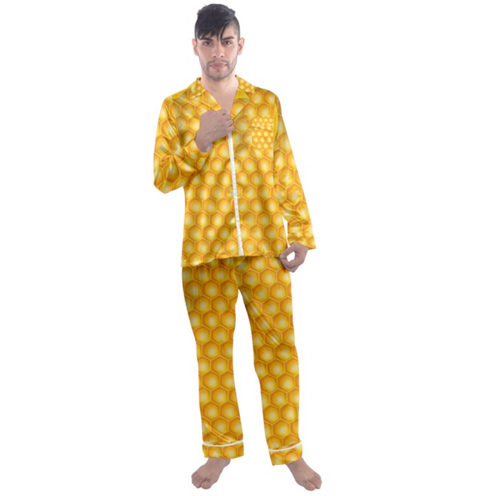 Abstract Honeycomb Background With Realistic Transparent Honey Drop Men s Satin Pajamas Long Pants Set