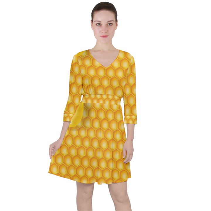 Abstract Honeycomb Background With Realistic Transparent Honey Drop Ruffle Dress