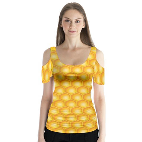 Abstract Honeycomb Background With Realistic Transparent Honey Drop Butterfly Sleeve Cutout Tee  by Vaneshart