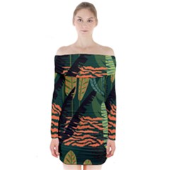 Abstract Seamless Pattern With Tropical Leaves Long Sleeve Off Shoulder Dress by Vaneshart