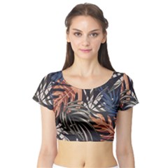 Trend Seamless Pattern With Colorful Tropical Leaves Plants Brown Background Short Sleeve Crop Top by Vaneshart