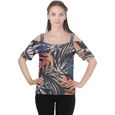 Trend Seamless Pattern With Colorful Tropical Leaves Plants Brown Background Cutout Shoulder Tee by Vaneshart