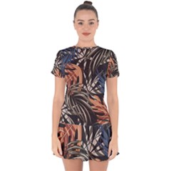 Trend Seamless Pattern With Colorful Tropical Leaves Plants Brown Background Drop Hem Mini Chiffon Dress by Vaneshart