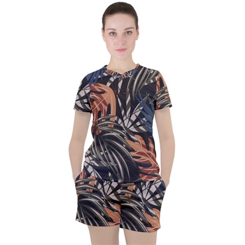 Trend Seamless Pattern With Colorful Tropical Leaves Plants Brown Background Women s Tee And Shorts Set by Vaneshart