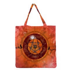 Awesome Skull On A Pentagram With Crows Grocery Tote Bag by FantasyWorld7