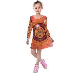 Awesome Skull On A Pentagram With Crows Kids  Long Sleeve Velvet Dress by FantasyWorld7