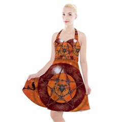 Awesome Skull On A Pentagram With Crows Halter Party Swing Dress  by FantasyWorld7