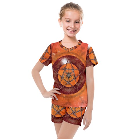 Awesome Skull On A Pentagram With Crows Kids  Mesh Tee And Shorts Set by FantasyWorld7