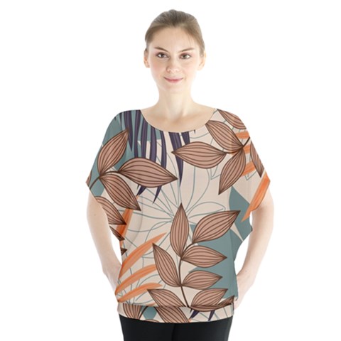 Trend Abstract Seamless Pattern With Colorful Tropical Leaves Plants Beige Batwing Chiffon Blouse by Vaneshart