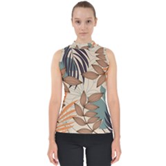 Trend Abstract Seamless Pattern With Colorful Tropical Leaves Plants Beige Mock Neck Shell Top by Vaneshart