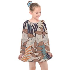 Trend Abstract Seamless Pattern With Colorful Tropical Leaves Plants Beige Kids  Long Sleeve Dress by Vaneshart