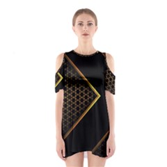 Black Arrow Gold Line Hexagon Mesh Pattern Shoulder Cutout One Piece Dress by Vaneshart