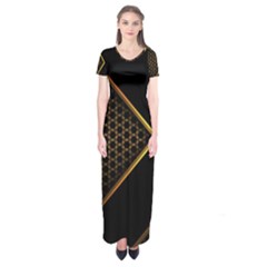 Black Arrow Gold Line Hexagon Mesh Pattern Short Sleeve Maxi Dress by Vaneshart