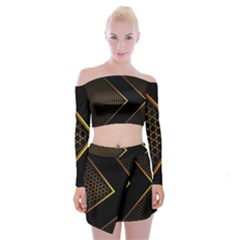 Black Arrow Gold Line Hexagon Mesh Pattern Off Shoulder Top With Mini Skirt Set by Vaneshart