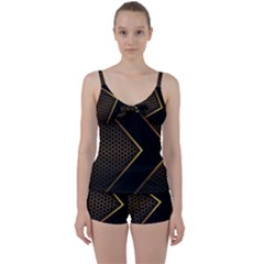 Black Arrow Gold Line Hexagon Mesh Pattern Tie Front Two Piece Tankini by Vaneshart