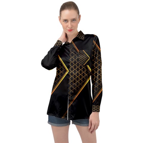 Black Arrow Gold Line Hexagon Mesh Pattern Long Sleeve Satin Shirt by Vaneshart